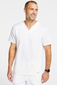 Man wearing white scrub top