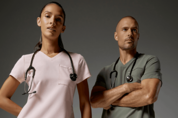Woman and man wearing pink and olive scrubs