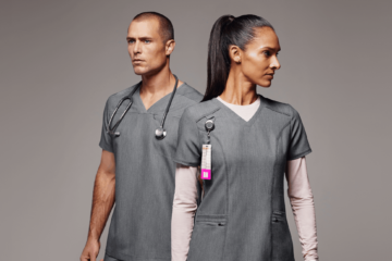man and woman wearing gray scrubs