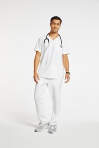 Man wearing pocket relaxed fit pant scrubs in white