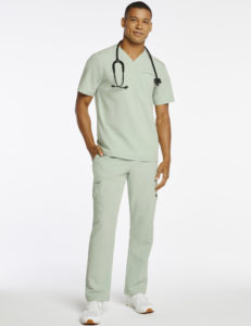 Man wearing slim fit cargo pant scrubs in sage
