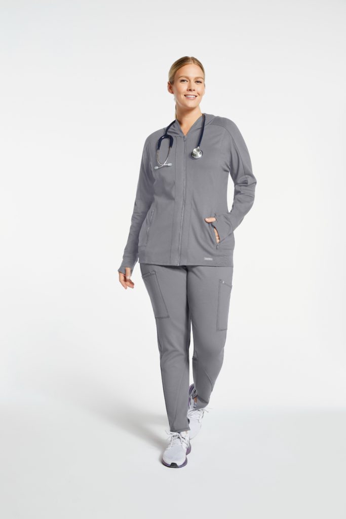 Plus-woman-wearing-warm-up-hoodie-jacket-scrubs-in-gray