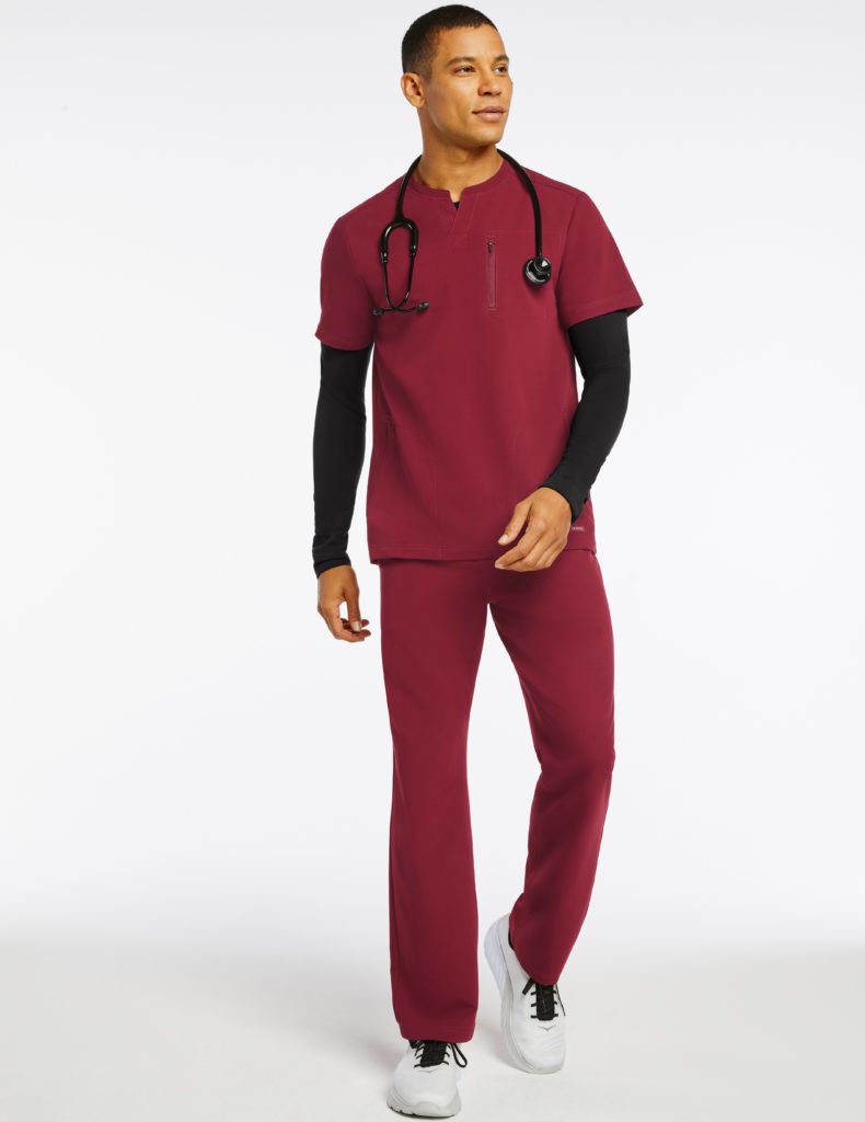 Man wearing 3 pocket crew neck top wine scrubs
