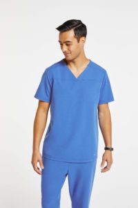 Man wearing hidden pocket top blue scrubs