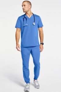 Man wearing mesh pocket jogger pant scrubs in blue