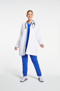 girl wearing white lab coat scrubs