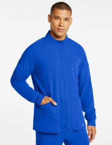 Guy wearing blue jacket scrubs