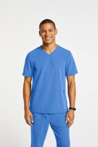 Guy wearing blue shaped v scrubs
