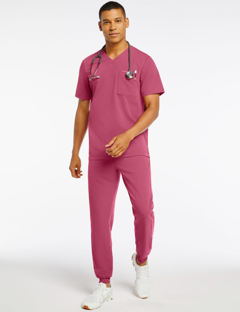 Man-wearing-drawstring-jogger-pant-pink-scrubs