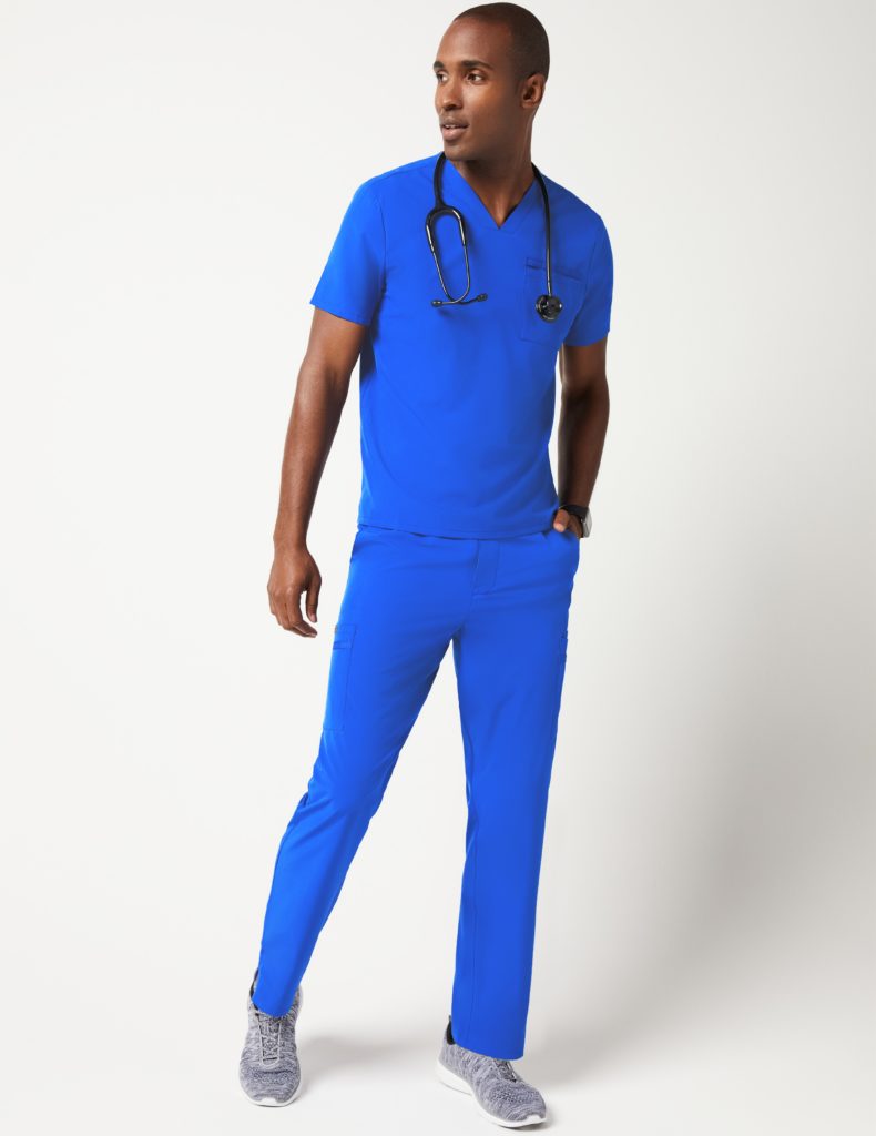 Man wearing tactical utility pant royal blue scrubs