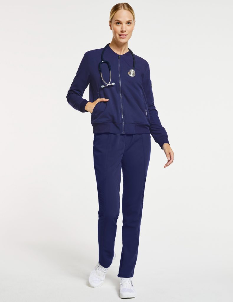 Nurse-wearing-classic-bomber-jacket-in-navy