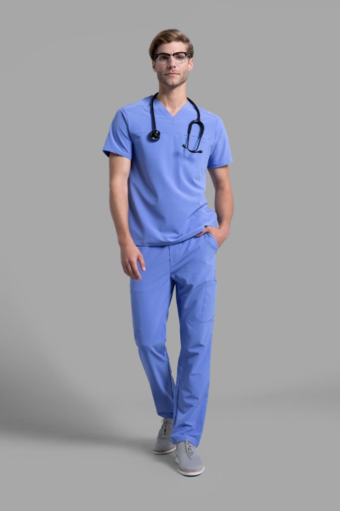 Man wearing blue slim drawstring pant scrubs