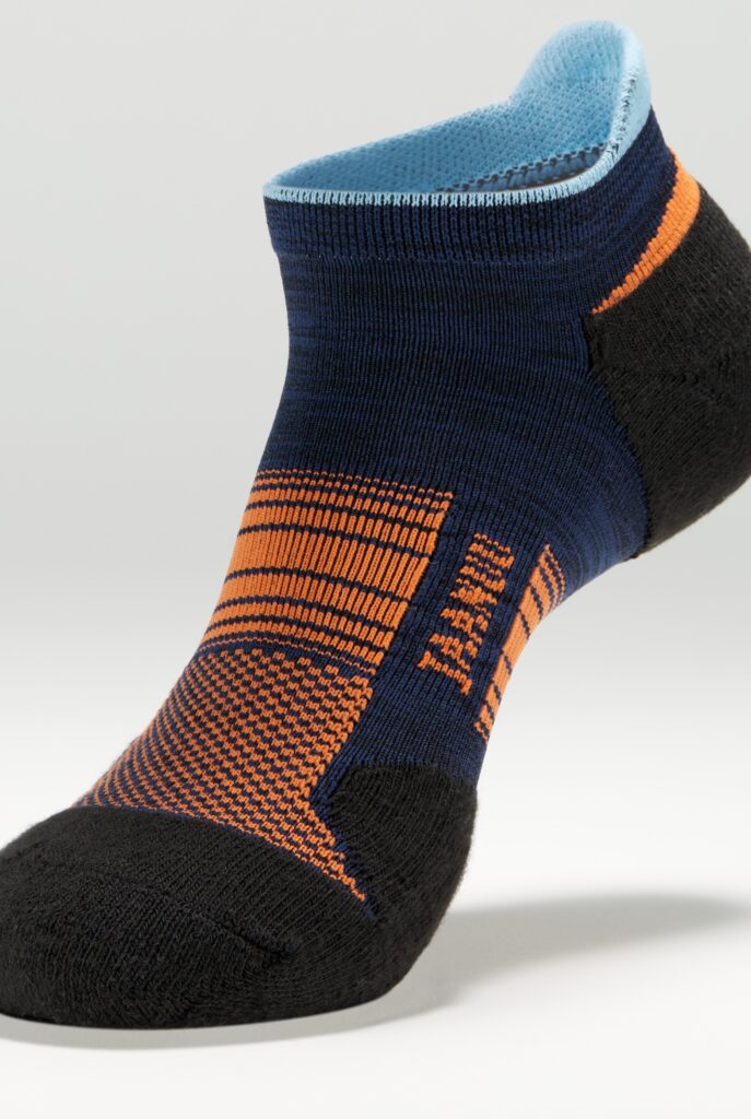 Blue, black and orange compression sock