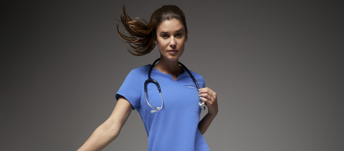 Nurse wearing blue scrubs