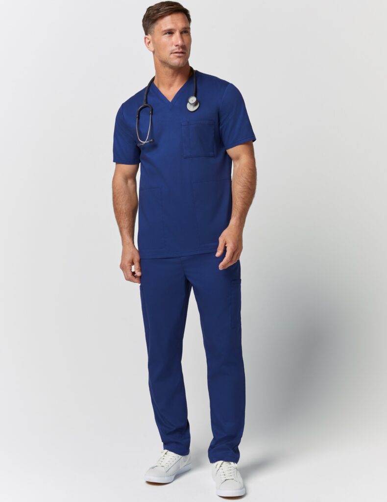 nurse-wearing-navy-jaanuu-scrubs-v-neck-top