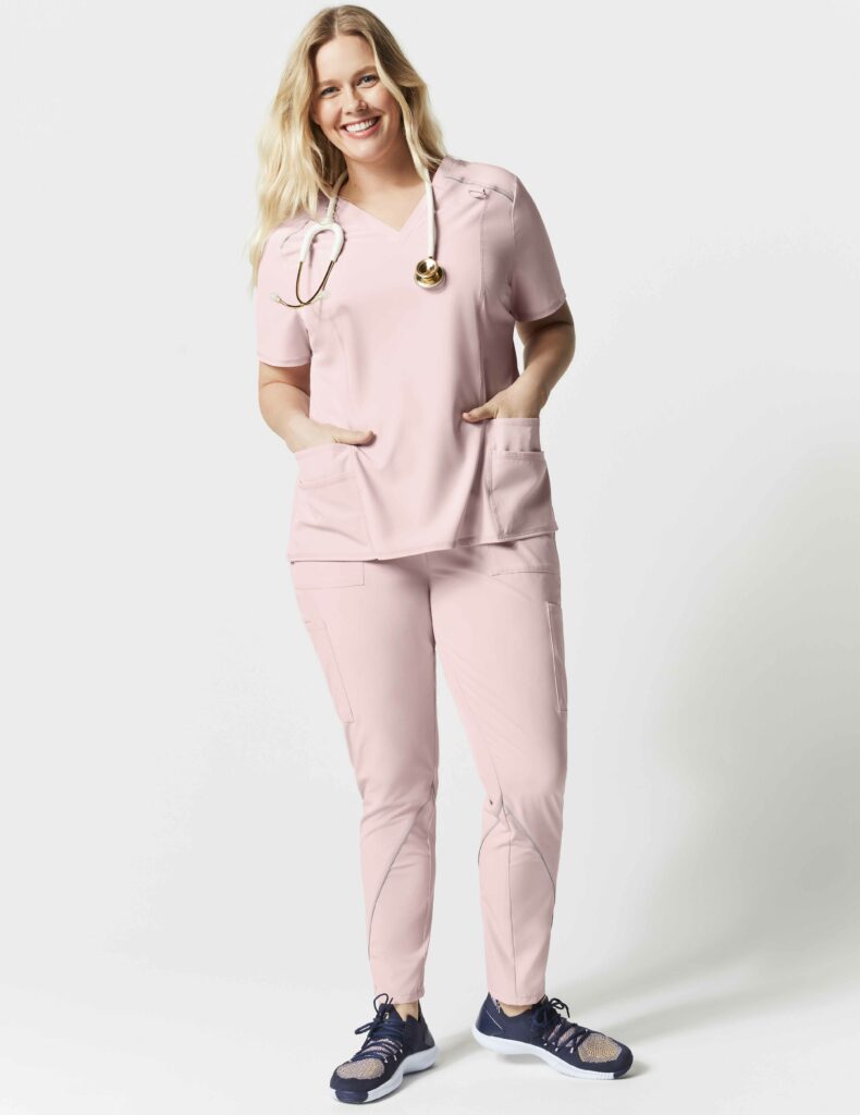 plus-nurse-wearing-charge-cargo-drawcord-pant-pink-scrubs