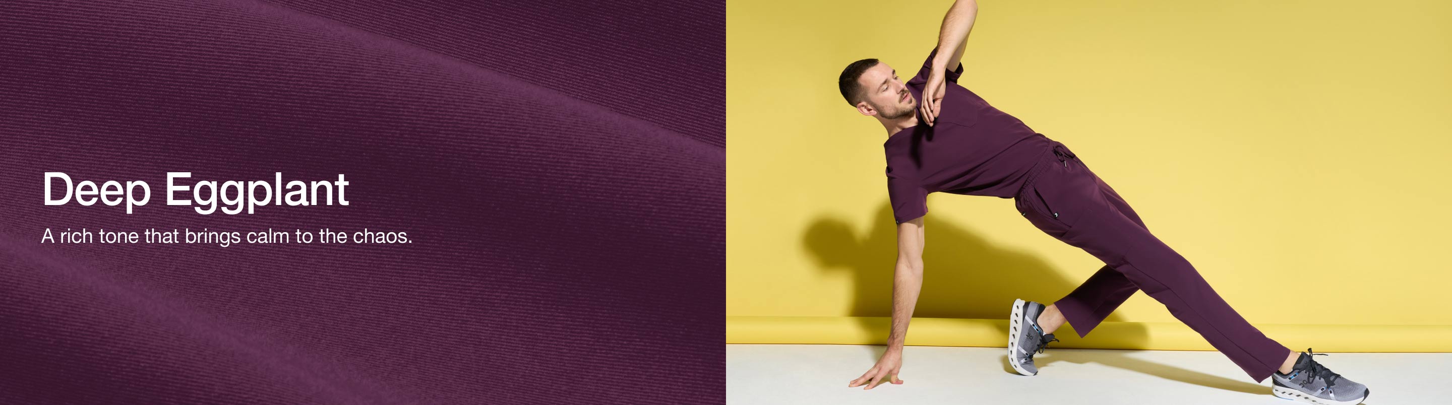 Image with Deep Eggplant colored fabric and a man wearing JAANUU scrubs in Deep Eggplant color. Image has text, "Deep Eggplant: A rich tone that brings calm to chaos.".
