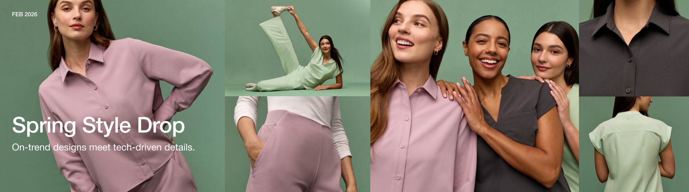 3 women wearing JAANUU scrubs. Image has text, "Spring Style Drop: On-trend designs meet tech-fdriven details." There is also small text in the top left corner saying, "FEB 2026".