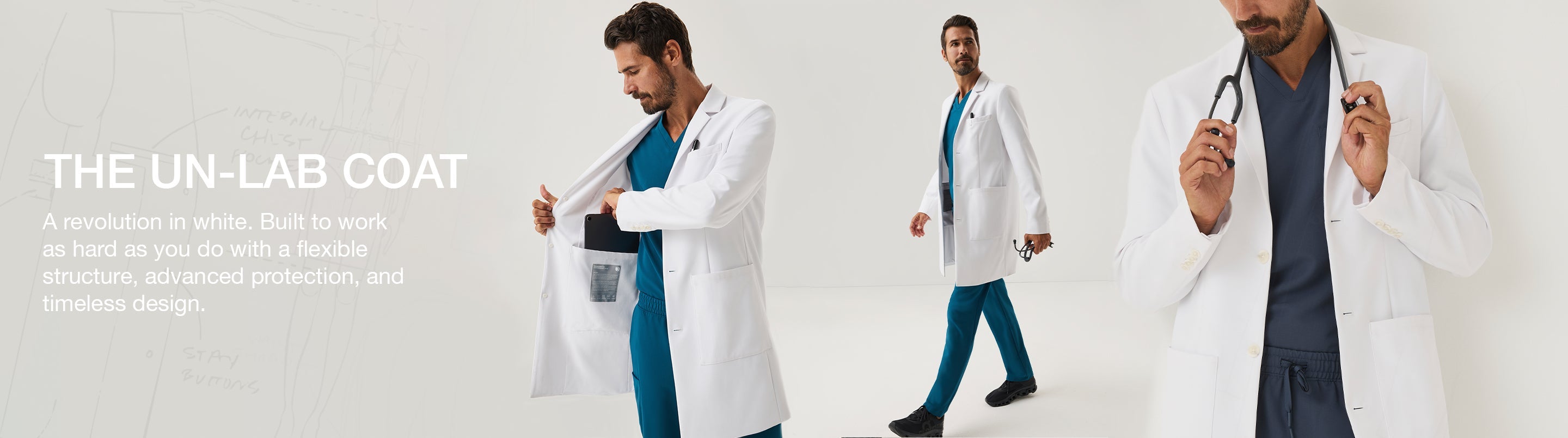 A man in three positions wearing a white lab coat with a text overlay that says "A revolution in white. Built to work as hard as you do with a flexible structure, advanced protection, and timeliness design.