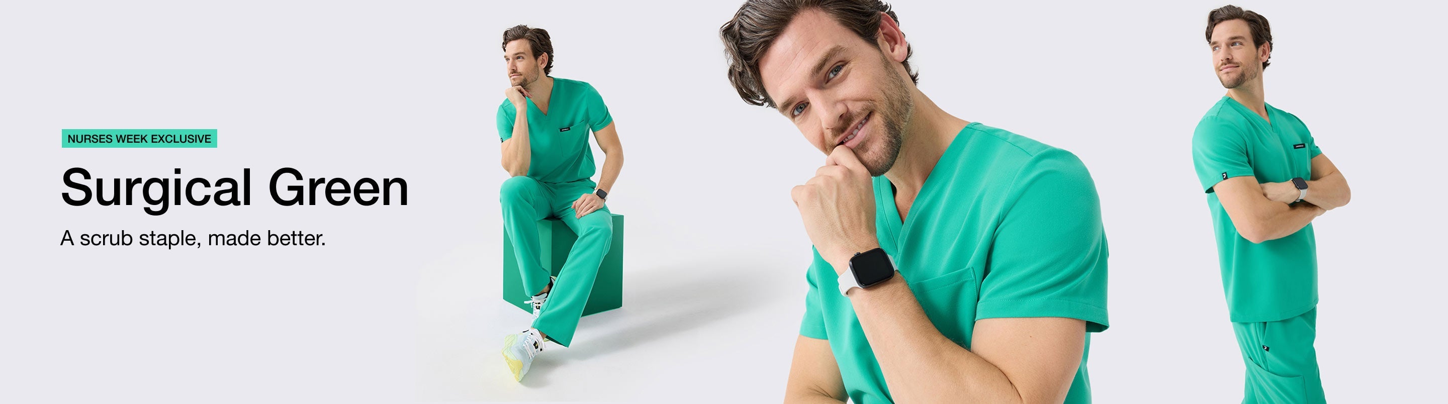 Image with text, "Surgical Green: A scrub staple, made better." and image of men wearing Surgical Green scrubs.