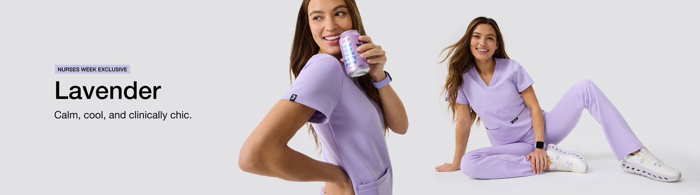 Image with text, "Nurses Week Exclusive. Lavender: Calm, cool, and clinically chic." and image of a woman wearing Lavender color scrubs.