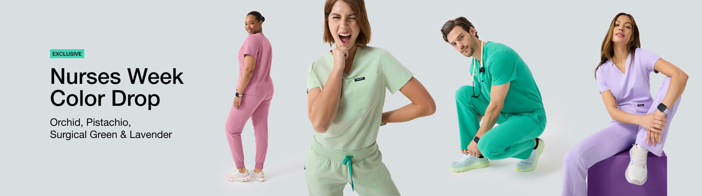 Image with text, "Exclusive: Nurses Week Color Drop, Orchid, Pistachio, Surgical Green and Lavender." and images of women and men wearing scrubs in Orchid, Pistachio, Surgical Green and Lavender.