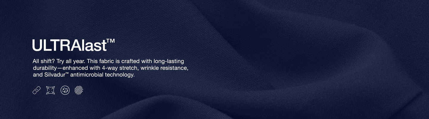 A close up image of ULTRAlast™ fabric with text, "ULTRAlast™: All shift? Try all year. This fabric is crafted with long-lasting durability—enhanced with 4-way stretch, wrinkle resistance, and SILVADUR™ antimicrobial technology.
