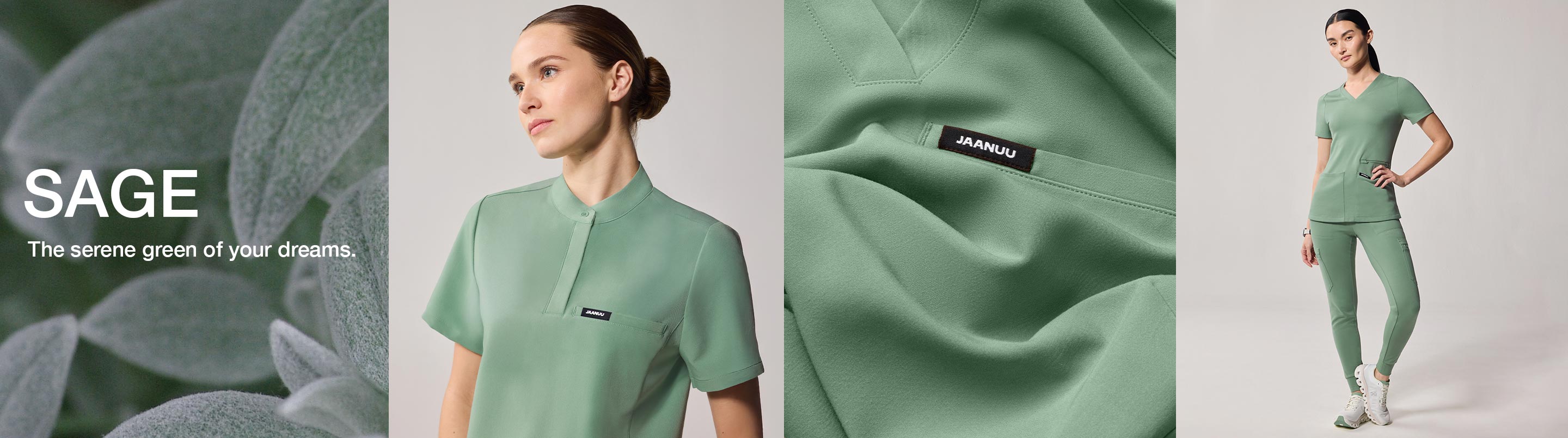 Image of women wearing Sage color scrubs with text, "Sage: The serene green of your dreams."