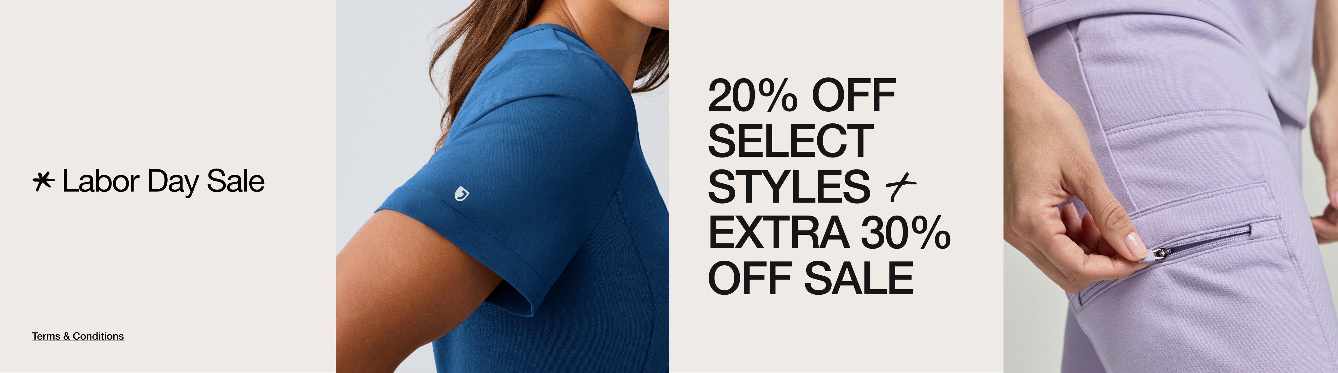 A woman in a blue Jaanuu scrub top. Text on the image reads: "20% OFF SELECT STYLES + EXTRA 30% OFF SALE. Labor Day Sale. Terms & Conditions"