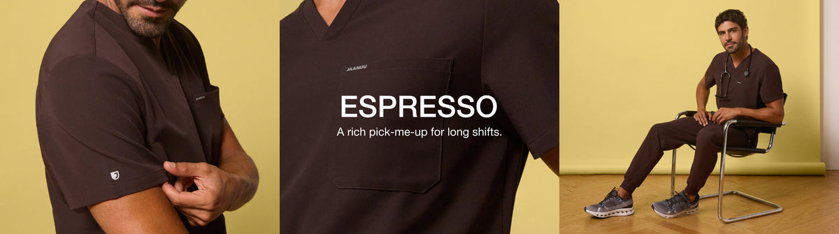 A close-up of a man in an espresso brown Jaanuu scrub top beside a full-length shot of him seated with a stethoscope against a yellow backdrop. Text on the image reads: "ESPRESSO. A rich pick-me-up for long shifts."