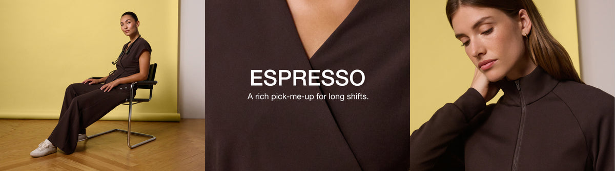 A woman seated in an espresso brown Jaanuu scrub top and wide-leg pants against a yellow backdrop, shown beside a close-up of a brown zip-front scrub jacket. Text on the image reads: "ESPRESSO. A rich pick-me-up for long shifts."