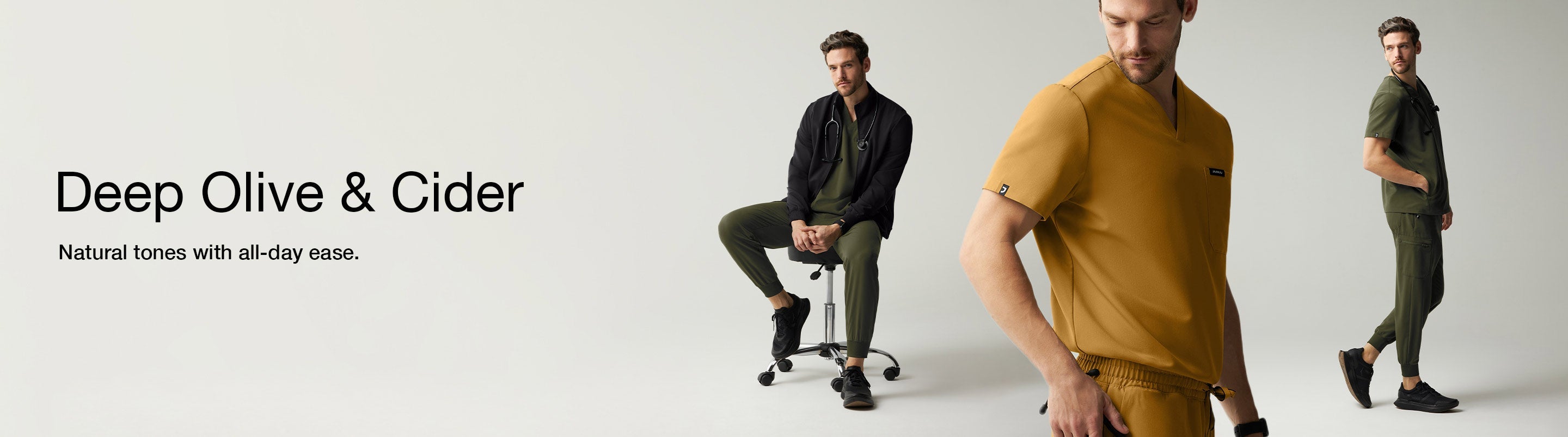 Image of 2 men wearing Deep Olive and Cider scrubs. Image has text, "Deep Olive & Cider. Natural tones with all-day ease."