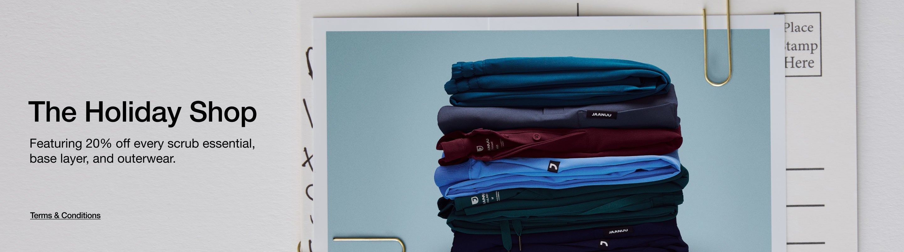 Image of a healthcare provider wearing scrubs and a scrub jacket. Image has text, "The Holiday Shop: Featuring 20% off every scrub essential, base layer, and outerwear. Click to view Terms and Conditions."