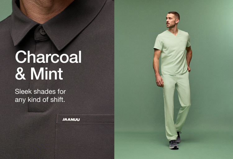 Men wearing JAANUU scrubs, one scrub has a collar, and the other a vneck. Image has text, "Charcoal & Mint: Sleek shades for any kind of shift.
