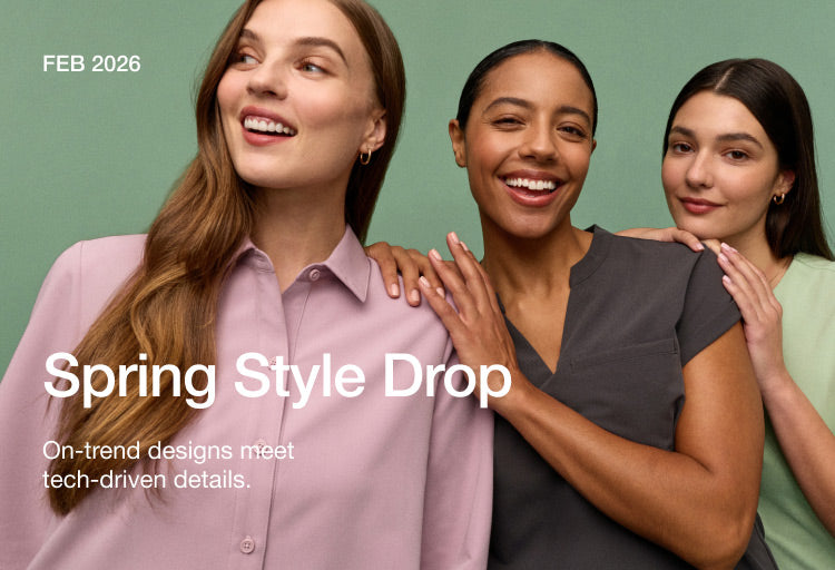 3 women wearing JAANUU scrubs. Image has text, "Spring Style Drop: On-trend designs meet tech-fdriven details." There is also small text in the top left corner saying, "FEB 2026".