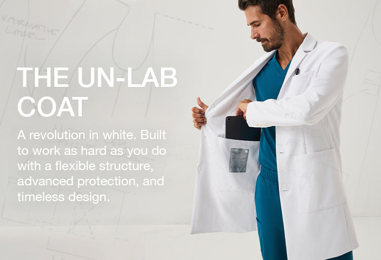 A man in three positions wearing a white lab coat with a text overlay that says "A revolution in white. Built to work as hard as you do with a flexible structure, advanced protection, and timeliness design.