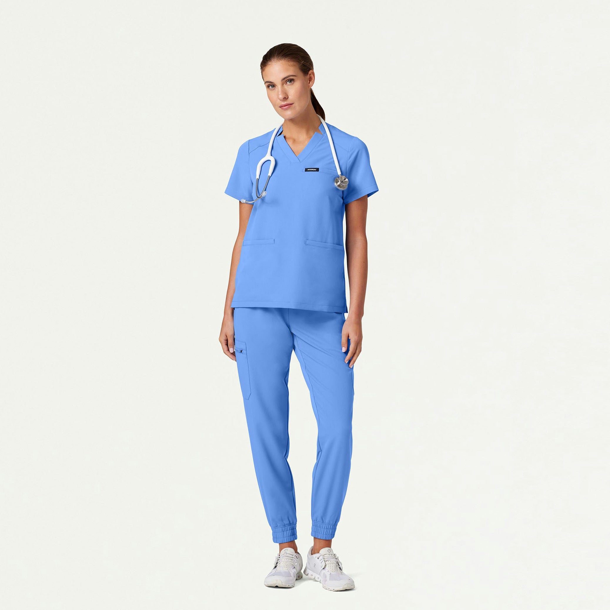 Helia Notched V-Neck Scrub Top - Ceil Blue - WOMEN'S TOPS - Jaanuu