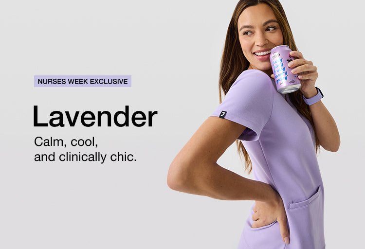 Image with text, "Nurses Week Exclusive. Lavender: Calm, cool, and clinically chic." and image of a woman wearing Lavender color scrubs.
