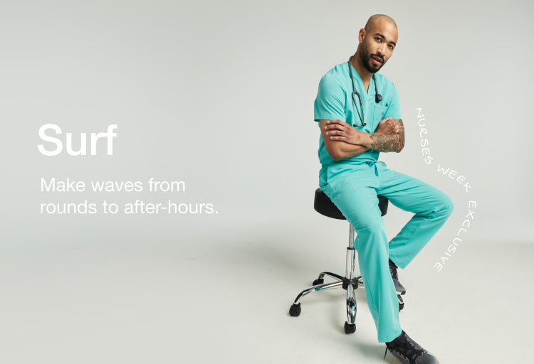 Close-up of a man wearing surf teal Jaanuu scrub joggers with inset of him sitting on a stool in full surf scrubs, with text 'Surf' and 'Make waves from rounds to after-hours.'