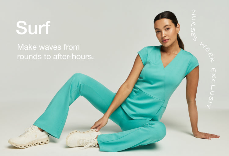 Close-up of a woman wearing a surf teal Jaanuu scrub top with inset of her seated on the floor in full surf scrubs, with text 'Surf' and 'Make waves from rounds to after-hours.'