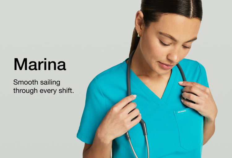 Promotional banner with the text 'Marina' and 'Smooth sailing through every shift.' Beside it, a model in a teal Marina scrub top looks down while holding a stethoscope draped around her neck.