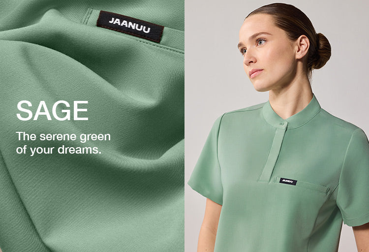 Image of women wearing Sage color scrubs with text, "Sage: The serene green of your dreams."
