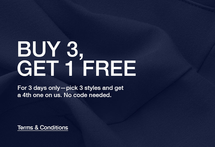 Promotional text for a flash sale on scrubs with a midnight navy background: Buy 3, Get 1 Free Flash Sale.