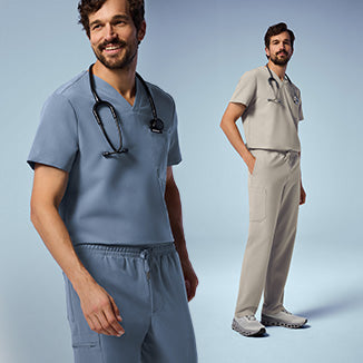 2 men wearing Storm Blue and Fog color scrubs. - Men Nav Tile