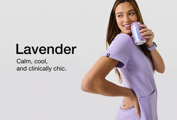 Image with text, "Lavender: Calm, cool, and clinically chic." and image of a woman wearing Lavender color scrubs.