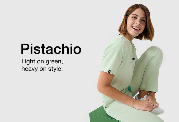 Image with text, "Pistachio: Light on green, heavy on style." and image of women wearing Pistachio color scrubs.