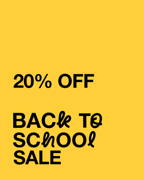 A flat yellow Jaanuu promotional card with black display type. Text on the image reads: "20% OFF. BACK TO SCHOOL SALE" - Women Nav Tile