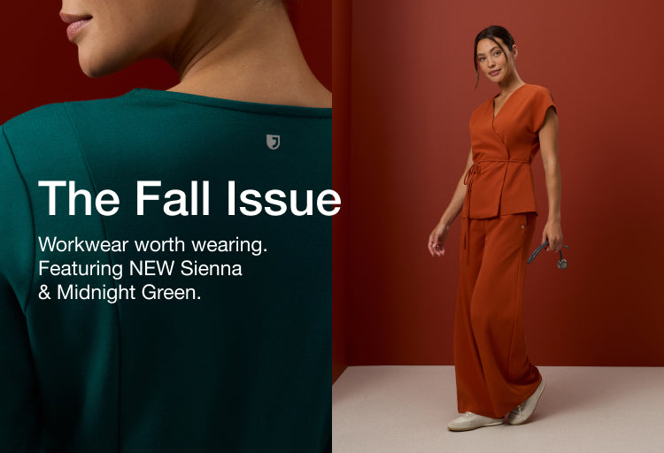 Women modeling Jaanuu scrubs in Sienna and Midnight Green against rust-red backgrounds. Text on the image reads: "The Fall Issue. Workwear worth wearing. Featuring NEW Sienna & Midnight Green."