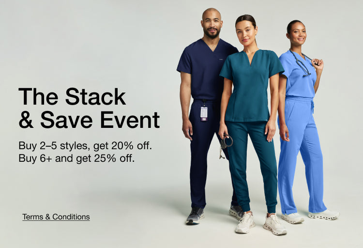 The Stack & Save Event – Buy 2–5 styles, get 20% off. Buy 6+ and get 25% off. Man and two women wearing midnight navy, caribbean blue, and ceil blue JAANUU scrubs.