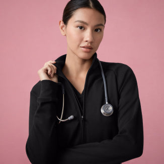 A woman in a black Jaanuu zip-front scrub jacket over a black scrub top stands with her arms crossed and a stethoscope around her neck against a dusty pink backdrop. - Women Nav Tile